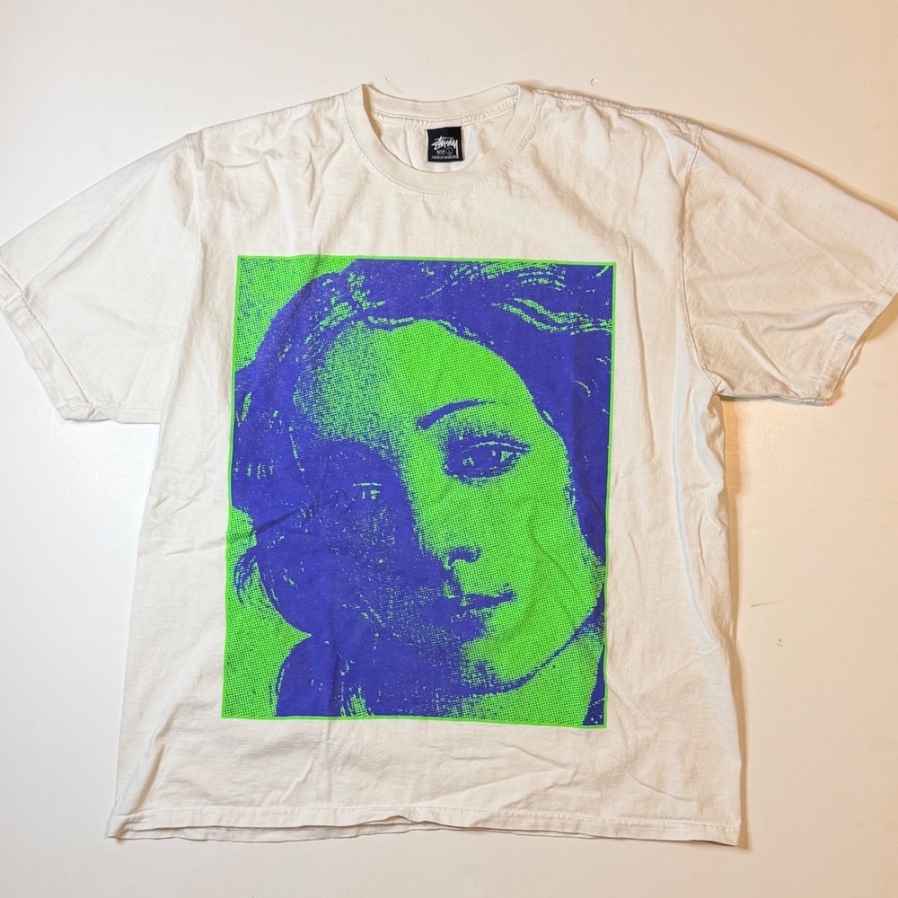 VTG Stussy Venus T-Shirt Mens Large White Pigment Dyed Portrait Logo Tee
